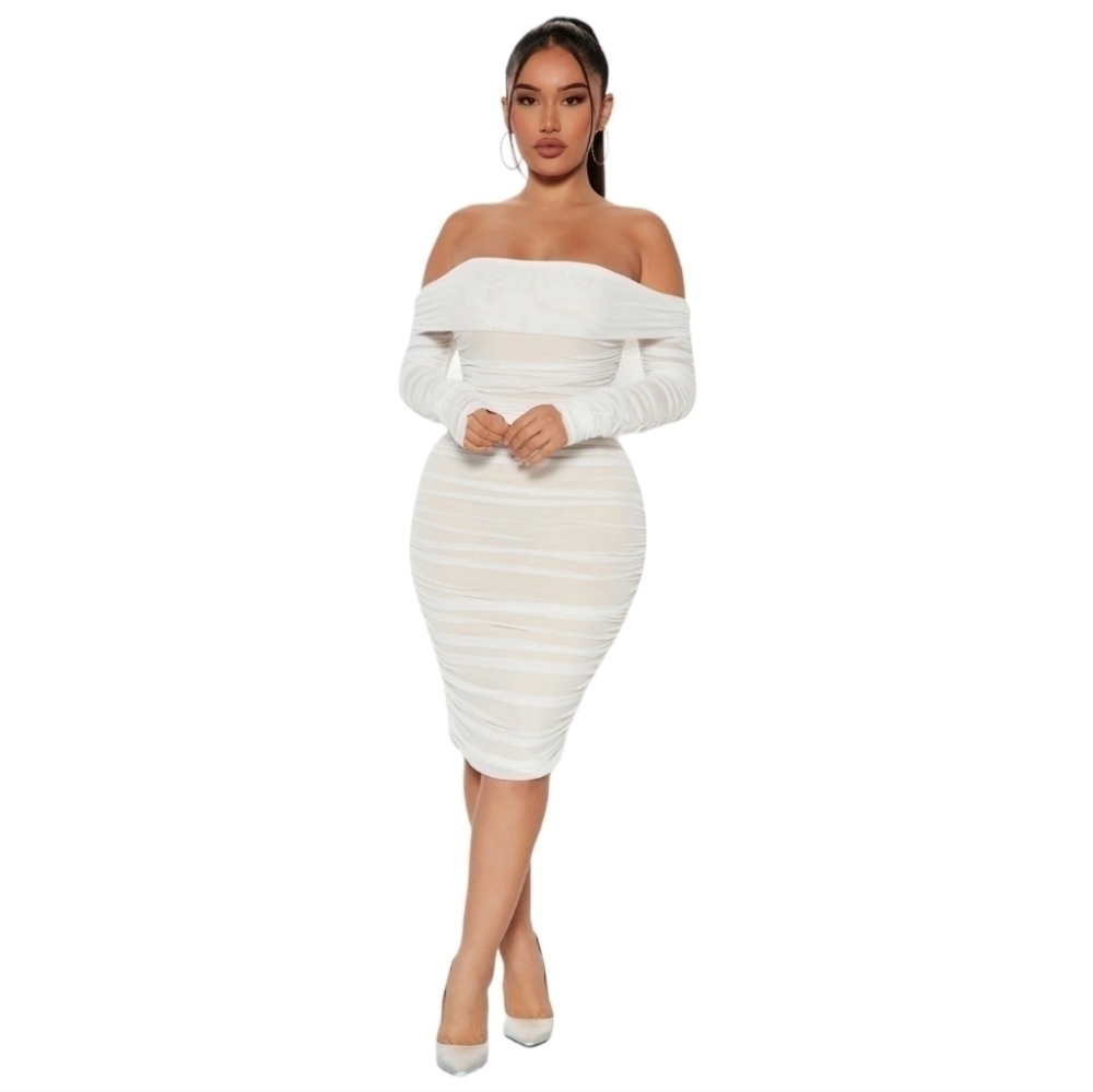 Women's White Ruched Off Shoulder Midi Dress, Sz L